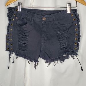 ☆ Jeans Brand Side Lace Up Black Denim Distressed Shorts Size Medium